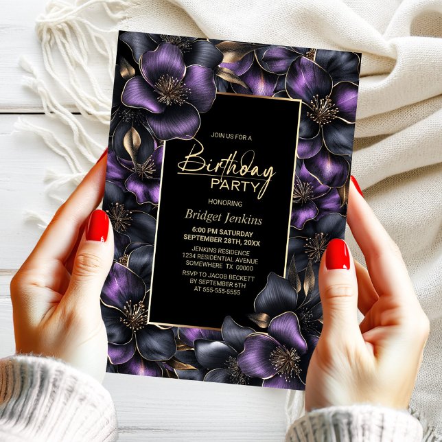 Convites Floral roxo e Cinza qualquer Festa de aniversário  (Criador carregado)