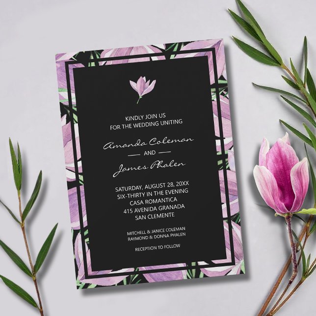 Convites Floral Roxo Elegante no Casamento Negro (Elegant purple and white magnolias square wedding invitations - INSTANT DOWNLOAD and/or PRINTED)