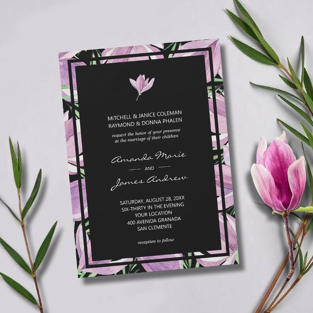 Convites Floral Roxo Elegante no Casamento Negro (Elegant purple and white magnolia border wedding invitations - INSTANT DOWNLOAD and/or PRINTED)