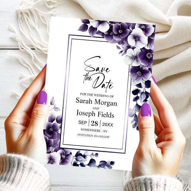 Convites Floral Roxo Moderno Salvar a Data (Criador carregado)