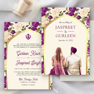 Convites Floral Roxo Punjabi Anand Karaj Casamento Sikh