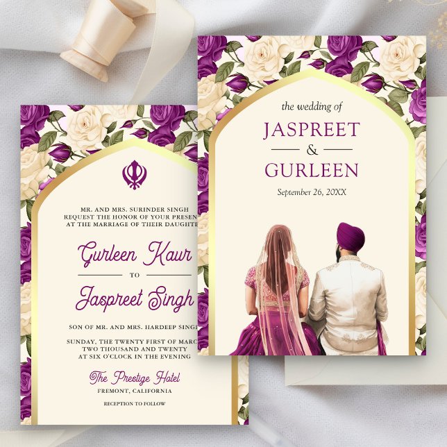 Convites Floral Roxo Punjabi Anand Karaj Casamento Sikh (Criador carregado)