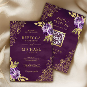 Convites Floral Roxo Sujo Código QR de Renda Dourada Casame