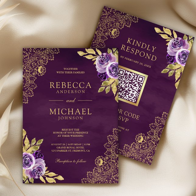 Convites Floral Roxo Sujo Código QR de Renda Dourada Casame (Criador carregado)