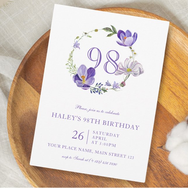 Convites Floral Roxo Vintage 98º Aniversário (Criador carregado)