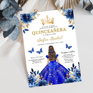 Convites Floral Royal Blue Bilingual Espanhol Quinceanera