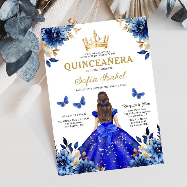 Convites Floral Royal Blue Bilingual Espanhol Quinceanera (Criador carregado)