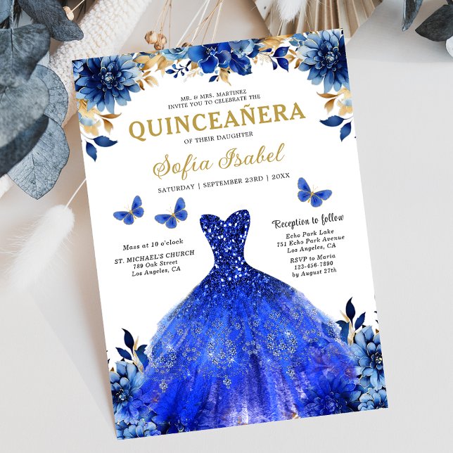 Convites Floral Royal Blue Bilingual Espanhol Quinceanera (Criador carregado)