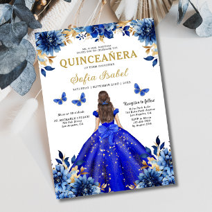 Convites Floral Royal Blue Bilingual Espanhol Quinceanera