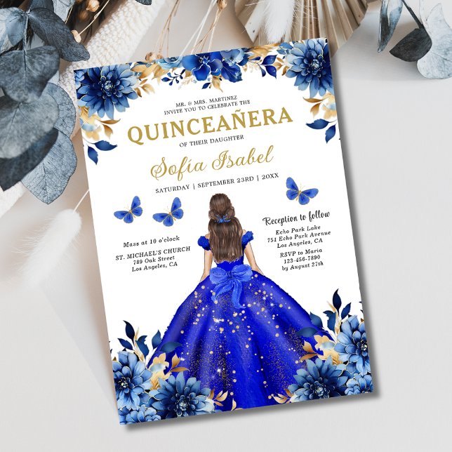 Convites Floral Royal Blue Bilingual Espanhol Quinceanera (Criador carregado)