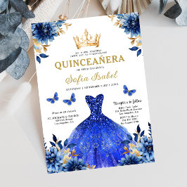 Convites Floral Royal Blue Bilingual Espanhol Quinceanera