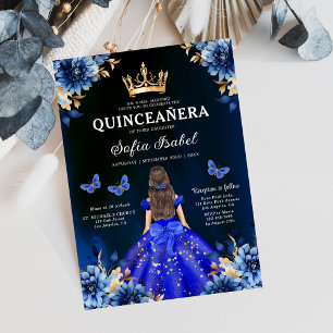 Convites Floral Royal Blue Bilingual Espanhol Quinceanera