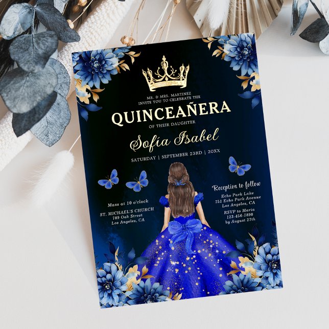 Convites Floral Royal Blue Bilingual Espanhol Quinceanera (Criador carregado)