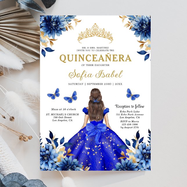 Convites Floral Royal Blue Bilingual Espanhol Quinceanera (Criador carregado)