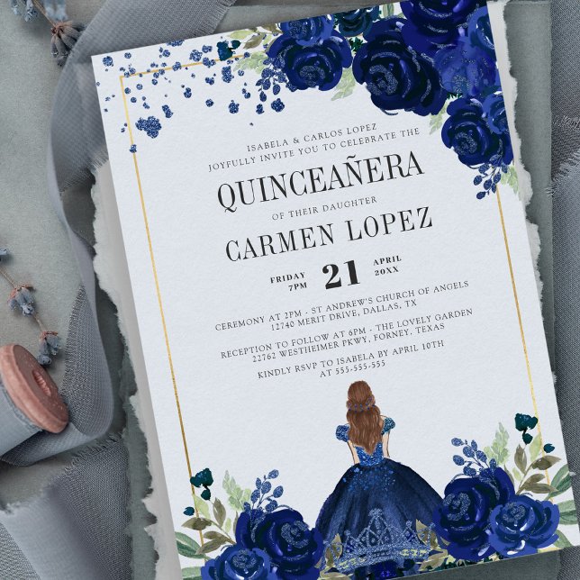 Convites Floral Royal Blue Dress Budget Quinceanera (Criador carregado)