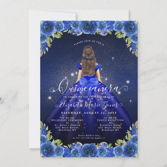 Convites Floral Royal Blue Glam Princess Quinceanera (Frente)