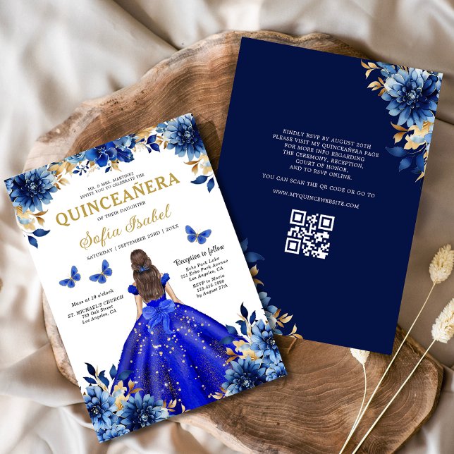 Convites Floral Royal Blue QR Code Princesa Quinceanera (Criador carregado)