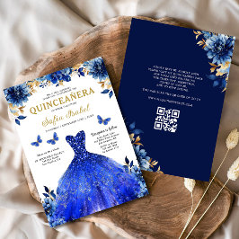Convites Floral Royal Blue QR Code Princesa Quinceanera