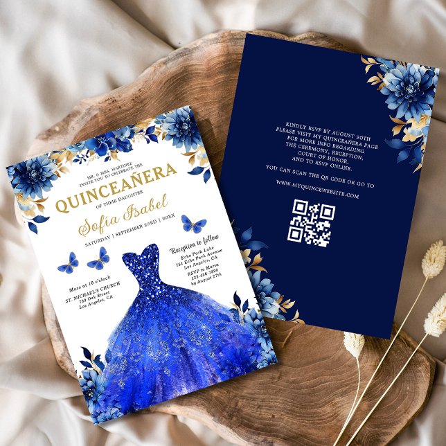 Convites Floral Royal Blue QR Code Princesa Quinceanera (Criador carregado)