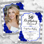 Convites Floral Royal Blue Silver Foto 50º Aniversário<br><div class="desc">Elegante, floral, 50º aniversário feminino com sua foto no final do cartão. Glam branco, design azul real com prata brilhante falso. Apresenta faixas, rosas azuis safiras, fonte de script e confetti. Perfeito para uma festa de comemoração de na moda adulto. Personalize com seus próprios detalhes. Pode ser personalizado para qualquer...</div>