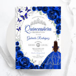 Convites Floral Royal Blue Silver Quinceanera<br><div class="desc">Royal blue silver and white floral Quinceanera celebration invitation. Features brunette girl in ball gown dress,  script font,  silver butterflies,  watercolor roses and tiara. Perfect for an elegant princess style glam celebration. Personalize with your own details. Printed Zazzle invitations or instant download digital printable template.</div>