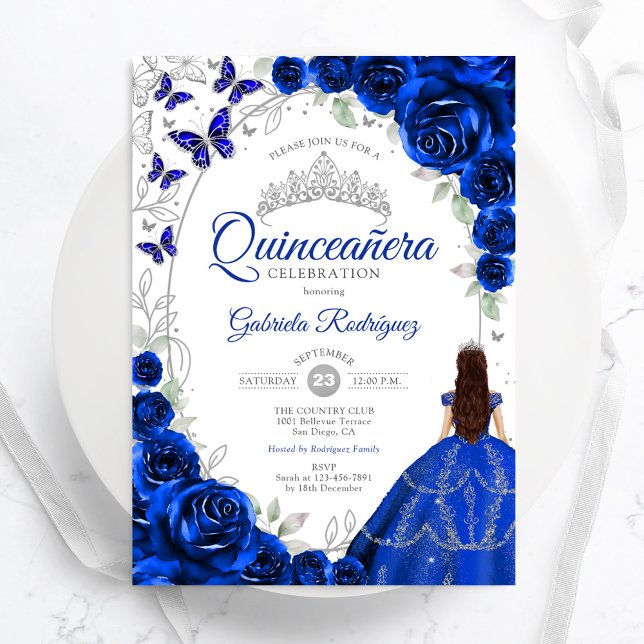 Convites Floral Royal Blue Silver Quinceanera (Criador carregado)