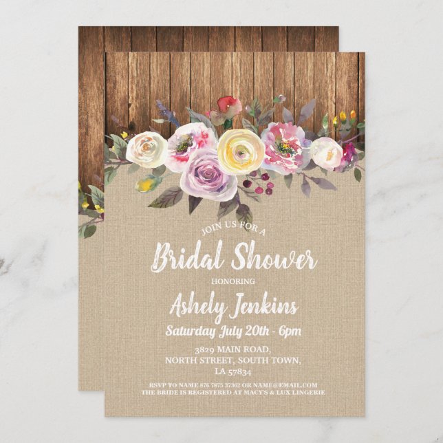 Convites Floral Russo de Madeira Rústica do Partido Chá de  (Frente/Verso)