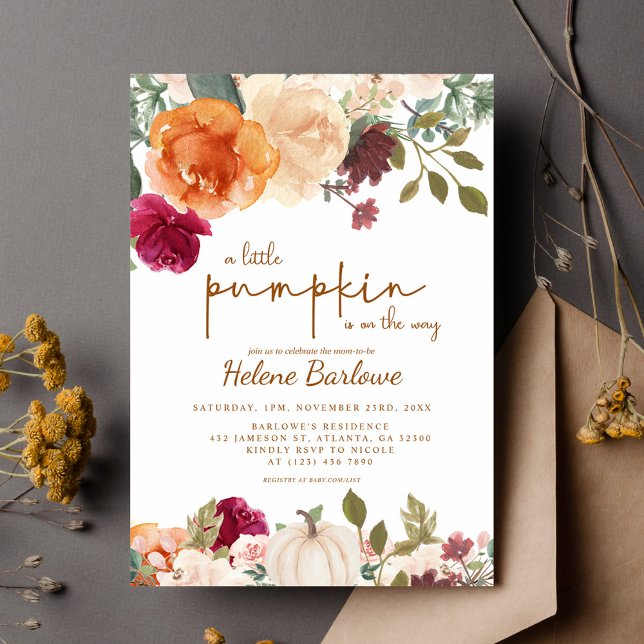 Convites Floral Russo Pequeno Chá de fraldas Pumpkin Boho (Floral Rustic Little Pumpkin Boho Baby Shower Invitation)