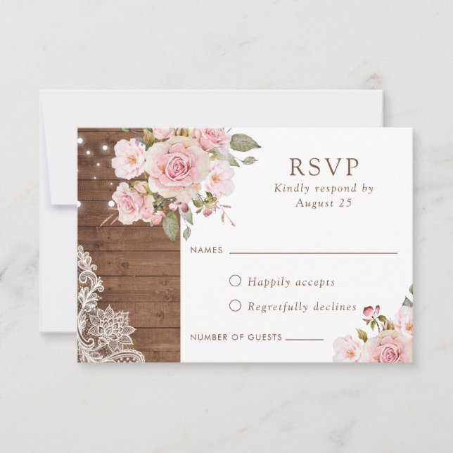 Convites Floral Russo Wood Blush Rosas String Luzes RSVP (Frente)