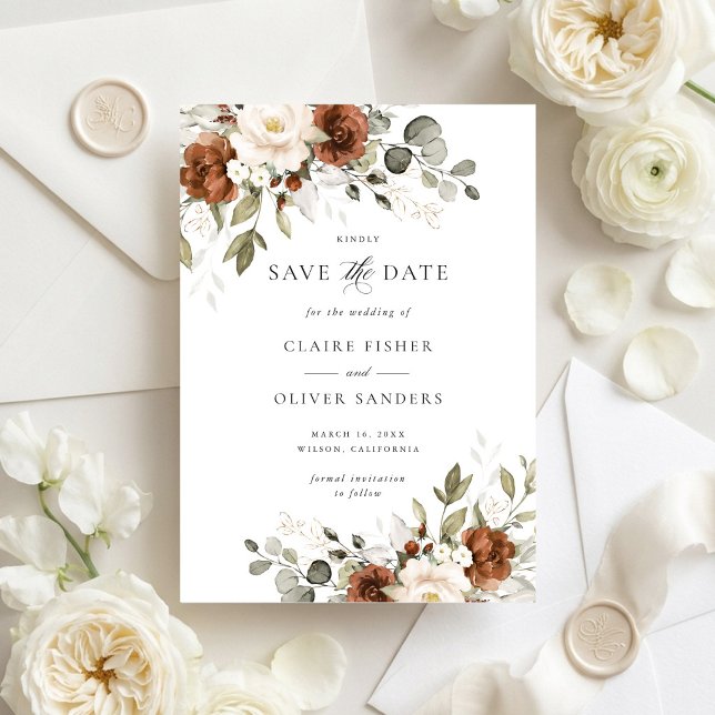 Convites Floral Rust Verde Casamento Salve a Data (Criador carregado)