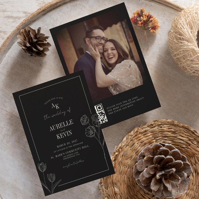 Convites Floral Rustic Black Elegant Photo Back QR Wedding (Criador carregado)
