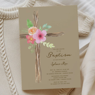 Convites Floral Rustic Cross Baptism Invitation