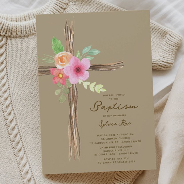 Convites Floral Rustic Cross Baptism Invitation (Criador carregado)