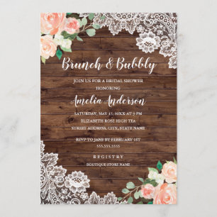 Convites Floral Rustic Wood Lace Brunch E Bubble