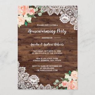 Convites Floral Rustic Wood Lace House Party