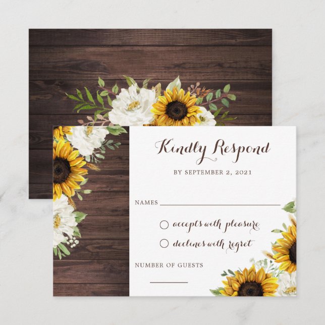 Convites Floral Rustic Wood Sunflower Greenery Barn RSVP (Frente/Verso)