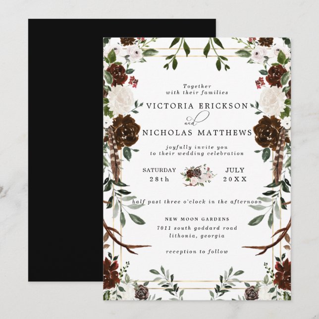 Convites Floral Rústico | Casamento Botânico Boho (Frente/Verso)
