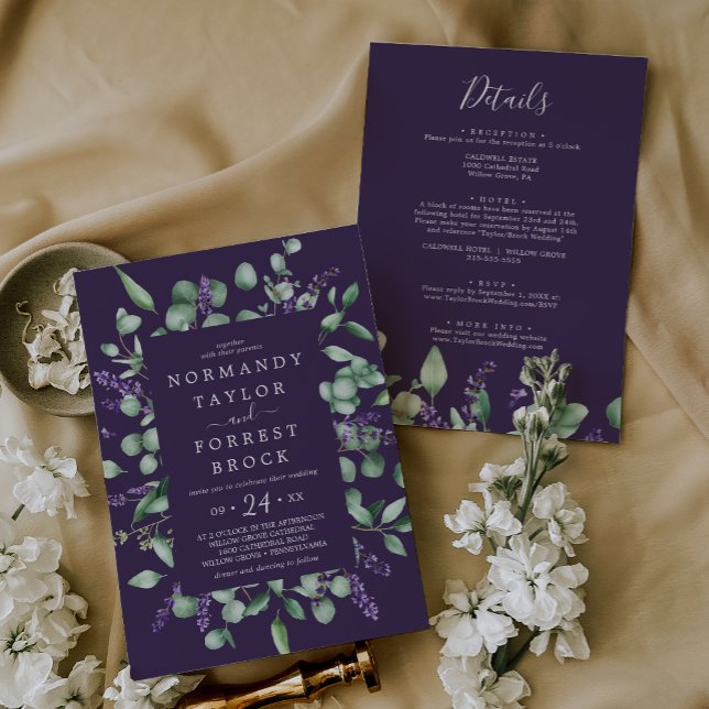 Convites Floral Rústico De Lavanda Roxo Tudo Em Um Casament (Rustic Lavender Purple Floral All In One Wedding Invitation)