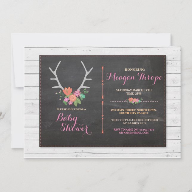 Convites Floral rústico do rosa do veado do chá de fraldas (Frente)