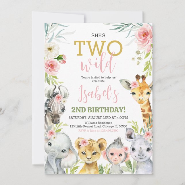 Convites Floral Safari Animals Birthday Party (Frente)