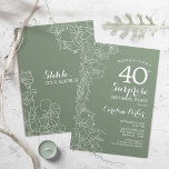 Convites Floral Sage Green Surprise aniversário de 40 anos<br><div class="desc">Convite de festas de aniversário de 40 anos de Surpresa Verde Floral Sage. Design minimalista moderno com sotaques botânicos e letra de escrita tipográfica. Simples cartão de convite perfeito para uma na moda fêmea de comemoração surpresa. Pode ser personalizado para qualquer idade.</div>