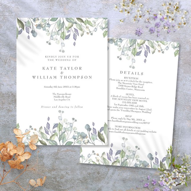 Convites Floral Sage Lilac Greenery Tudo Em Um Casamento (Floral Sage Lilac Greenery All In One Wedding Invitation)