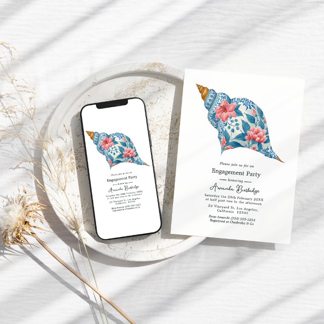 Convites Floral Seashell Coastal Beach Engagement Party (Floral Seashell Coastal Beach Engagement Party Invitation)