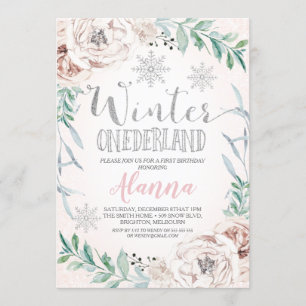 Convites Floral Silver Glitter Winter Onederland Birthday