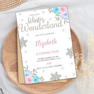 Convites Floral Silver Glitter Winter Wonderland Birthday