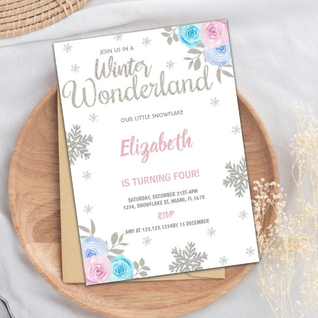Convites Floral Silver Glitter Winter Wonderland Birthday (Floral Silver Glitter Winter Wonderland Birthday Invitation)