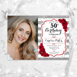 Convites Floral Silver White Rosa vermelha Foto 50º Anivers<br><div class="desc">Elegante convite floral feminino para o 50º aniversário com sua foto. Grelha, design branco e vermelho com prata brilhante falso. Recursos stripes, rosa vermelha, fonte de script e confetti. Perfeito para uma festa de comemoração de na moda adulto. Personalize com seus próprios detalhes. Pode ser personalizado para qualquer idade! Impressos...</div>