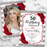 Convites Floral Silver White Rosa vermelha Foto 50º Anivers<br><div class="desc">Elegante, floral, 50º aniversário feminino com sua foto no final do cartão. Glam branco, design vermelho com falso brilho prateado. Recursos stripes, rosa vermelha, fonte de script e confetti. Perfeito para uma festa de comemoração de na moda adulto. Personalize com seus próprios detalhes. Pode ser personalizado para qualquer idade! Impressos...</div>