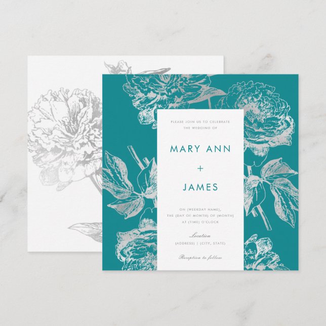 Convites Floral Simples de Casamento de Teal de Prata Moder (Frente/Verso)