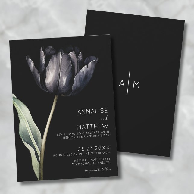Convites Floral Simples e Elegante Preto Moderno (Flower Simple Elegant Modern Black Wedding Invitation )